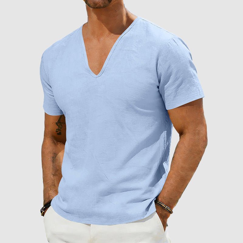 Men's Breathable Linen V-Neck Short Sleeve T-Shirt - Blue