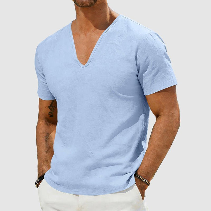 Men's Breathable Linen V-Neck Short Sleeve T-Shirt - Blue