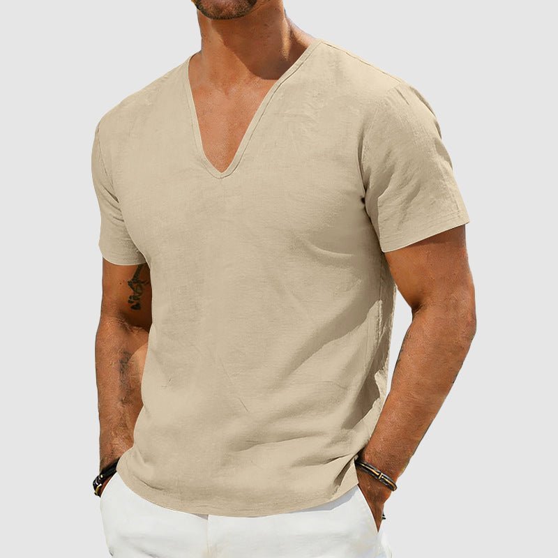 Men's Breathable Linen V-Neck Short Sleeve T-Shirt - Khaki