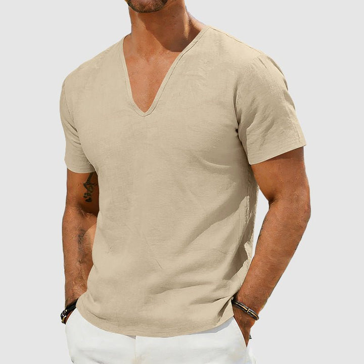 Men's Breathable Linen V-Neck Short Sleeve T-Shirt - Khaki