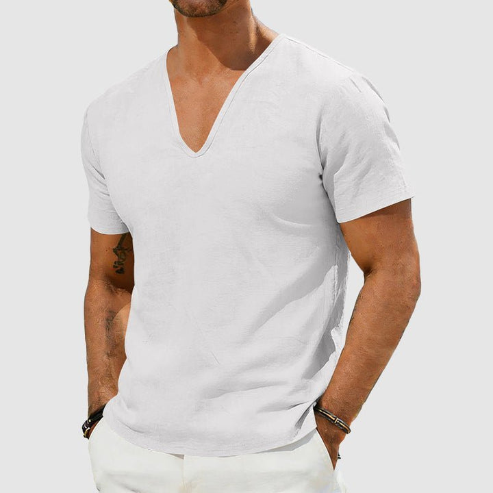 Men's Breathable Linen V-Neck Short Sleeve T-Shirt - White