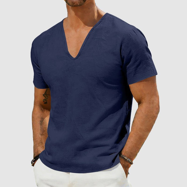 Men's Breathable Linen V-Neck Short Sleeve T-Shirt - Dark Blue