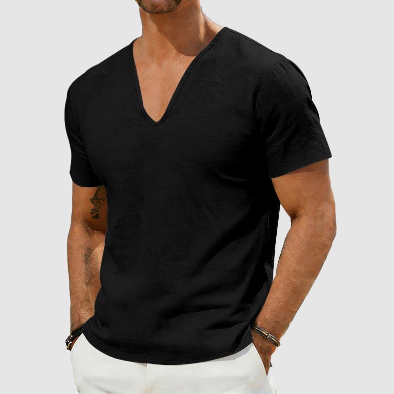 Men's Breathable Linen V-Neck Short Sleeve T-Shirt - Black