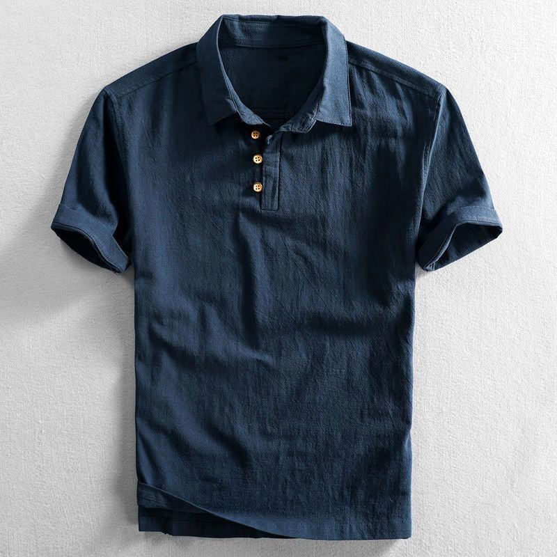 Men's Classic Linen Short-Sleeve Polo Shirt - Dark Blue