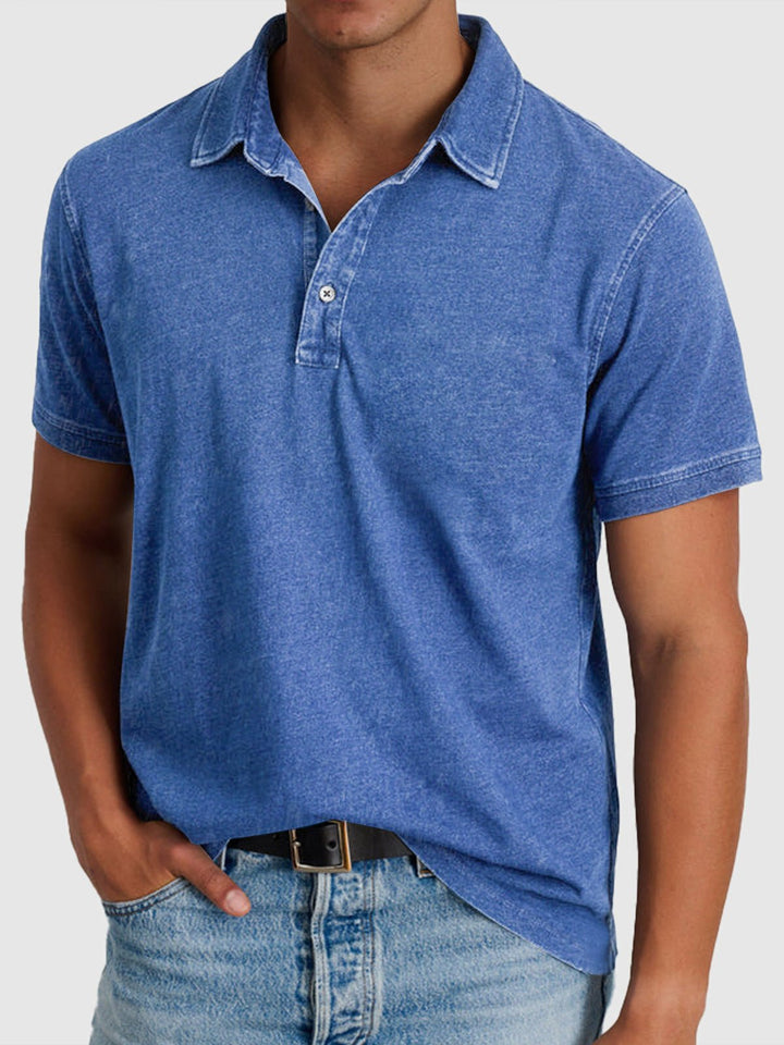 Men's Cotton-Denim Short Sleeve Button-Neck Polo - Blue