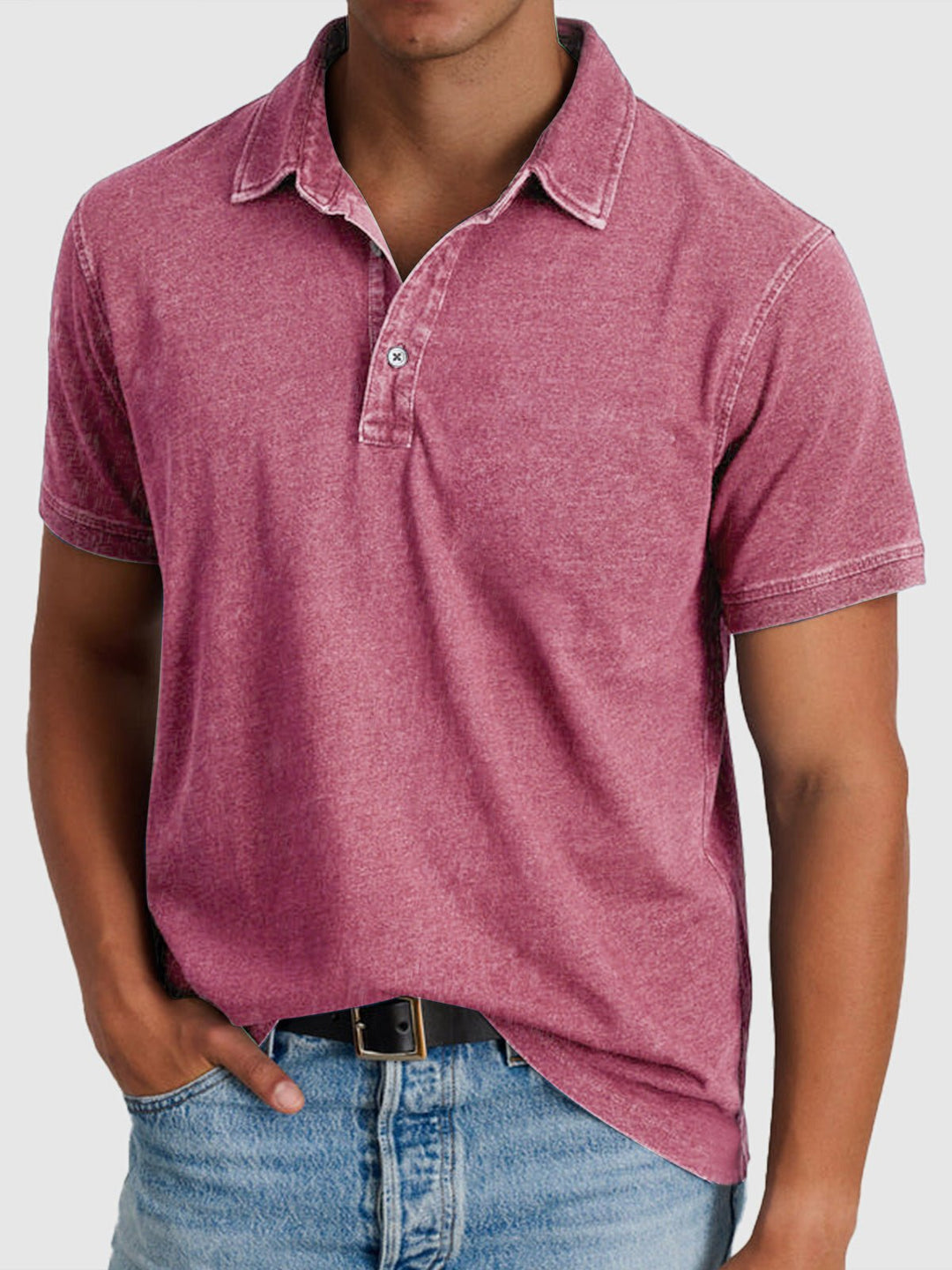 Men's Cotton-Denim Short Sleeve Button-Neck Polo - Pink