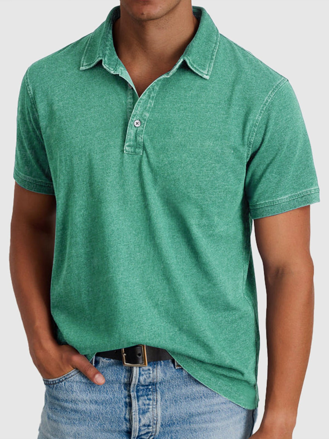 Men's Cotton-Denim Short Sleeve Button-Neck Polo - Green