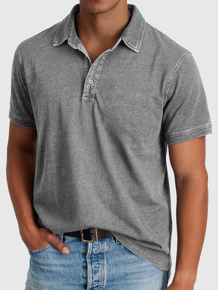 Men's Cotton-Denim Short Sleeve Button-Neck Polo - Gray