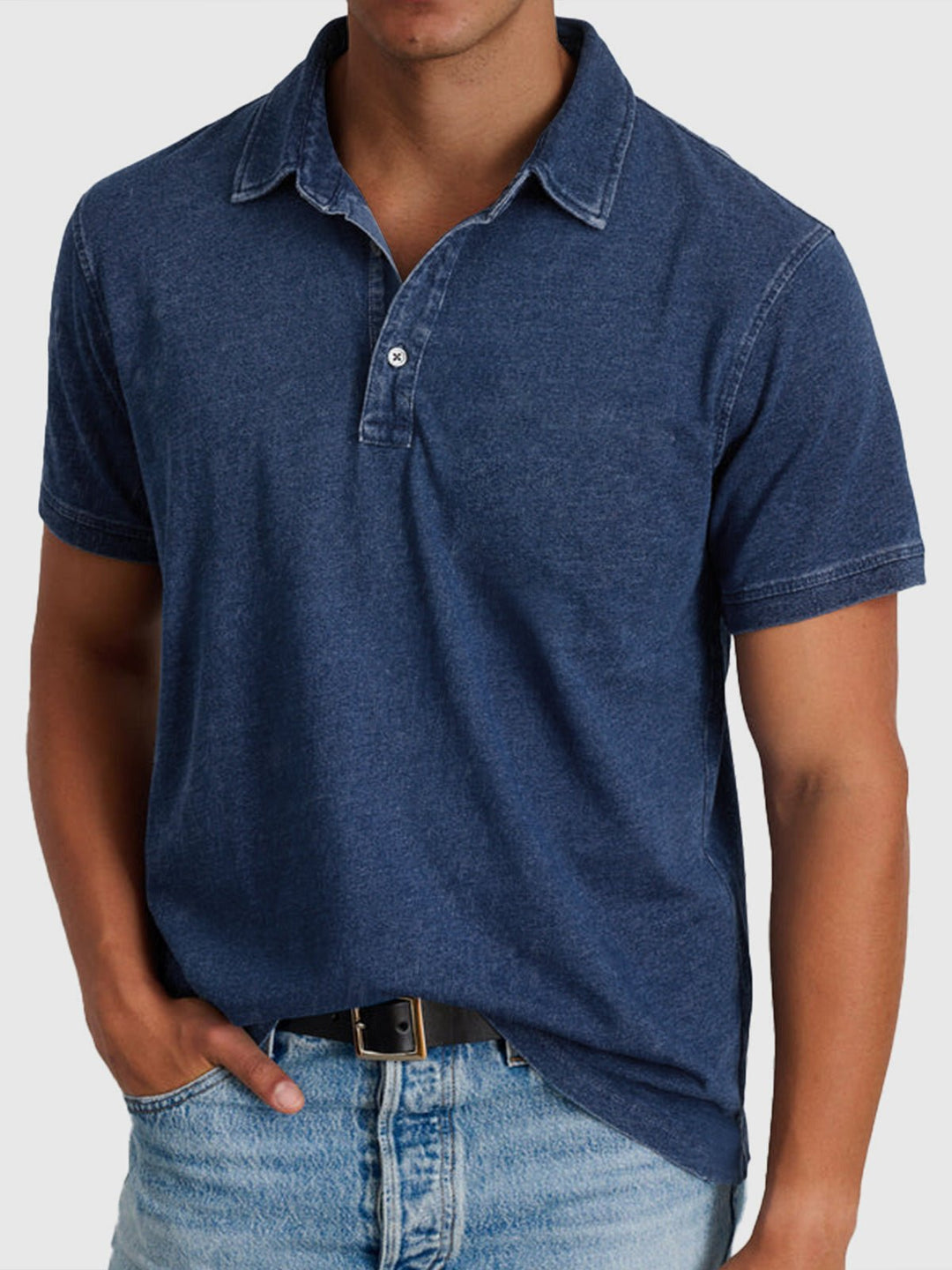 Men's Cotton-Denim Short Sleeve Button-Neck Polo - Navy Blue