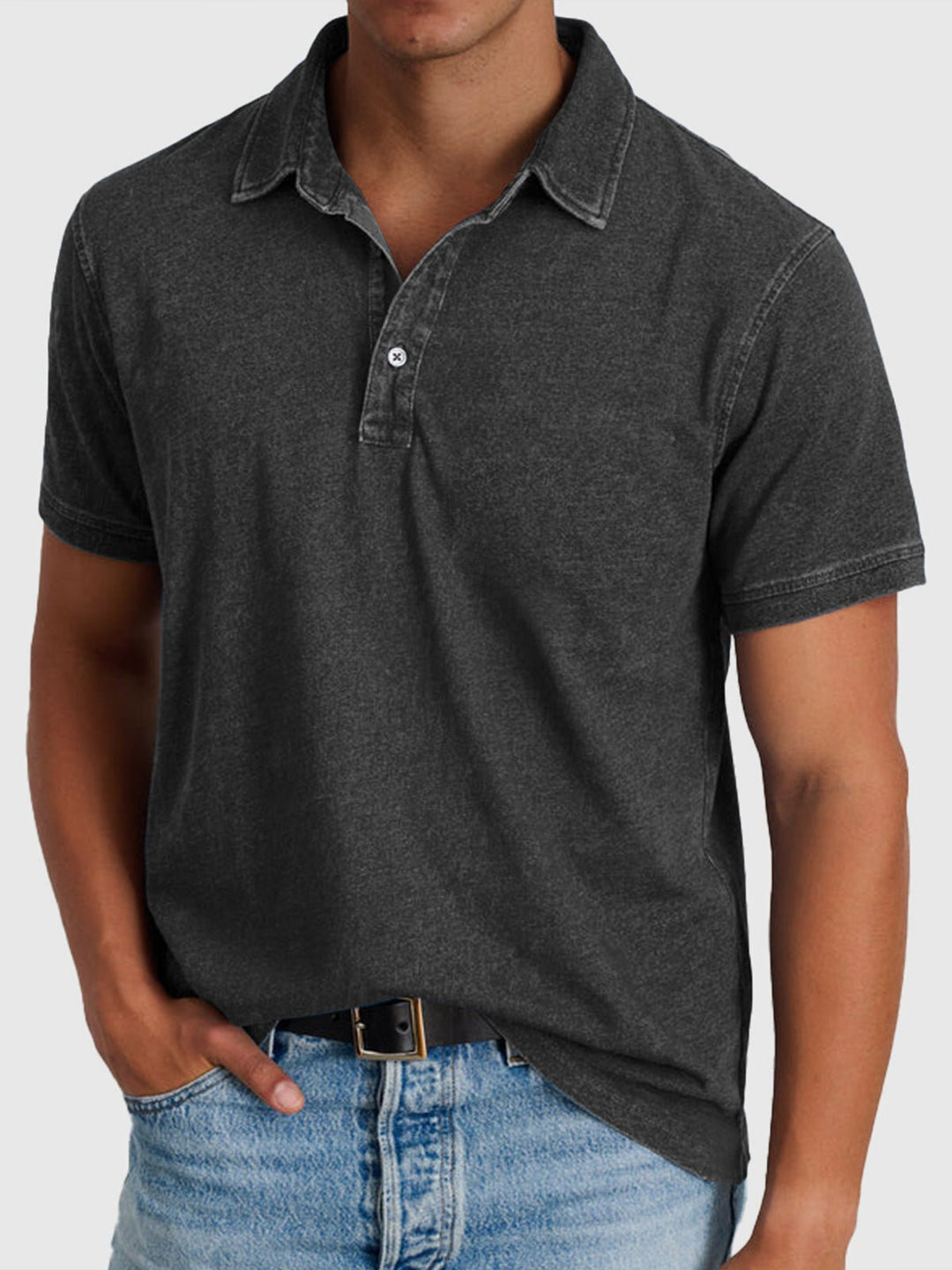 Men's Cotton-Denim Short Sleeve Button-Neck Polo - Black
