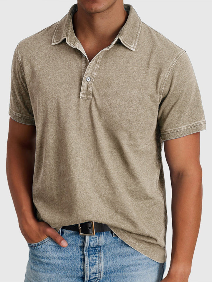 Men's Cotton-Denim Short Sleeve Button-Neck Polo - Khaki