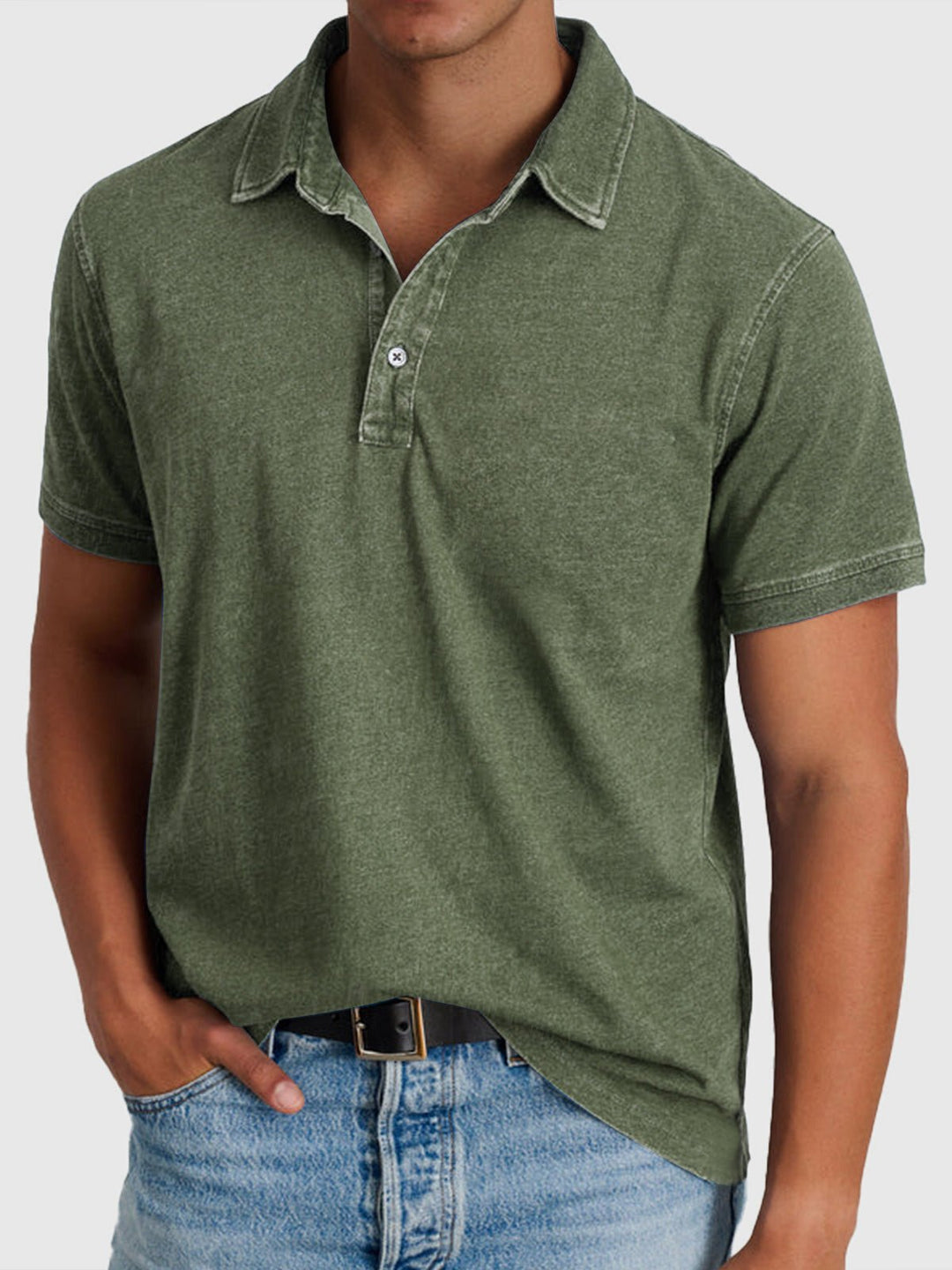 Men's Cotton-Denim Short Sleeve Button-Neck Polo - Army Green