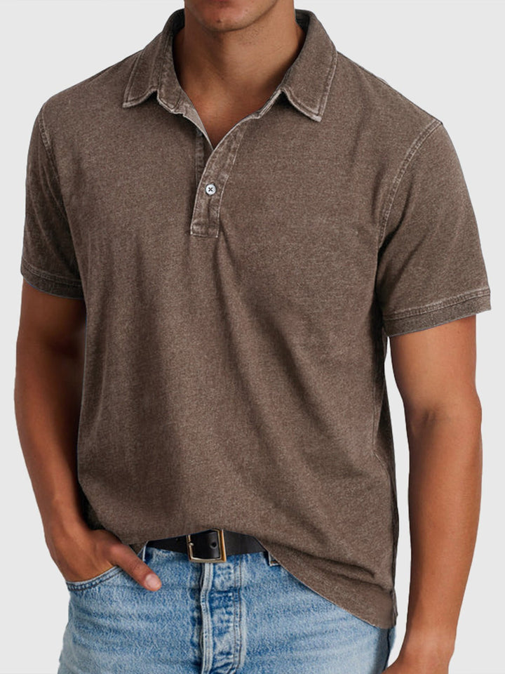Men's Cotton-Denim Short Sleeve Button-Neck Polo - Brown