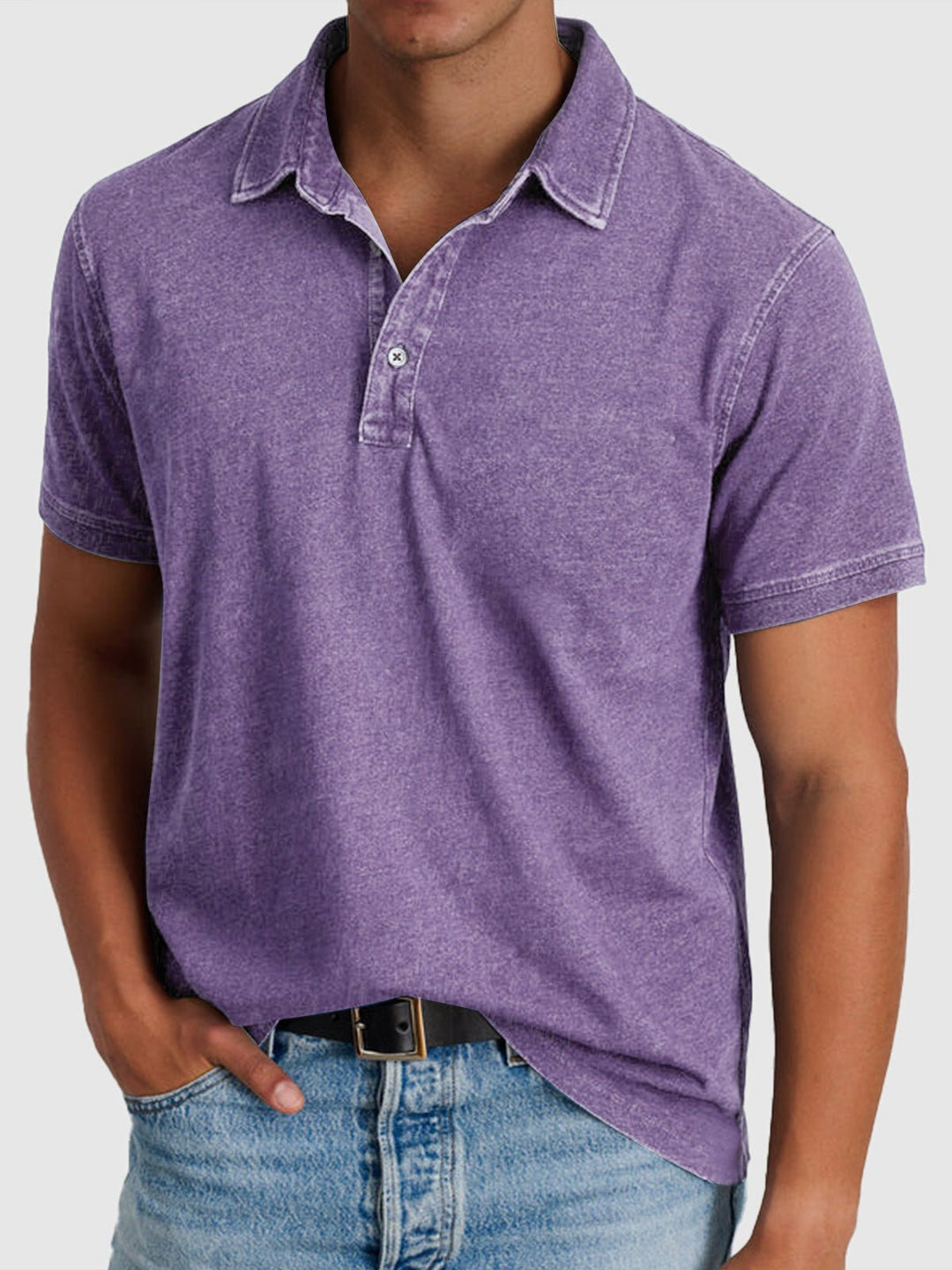 Men's Cotton-Denim Short Sleeve Button-Neck Polo - Purple