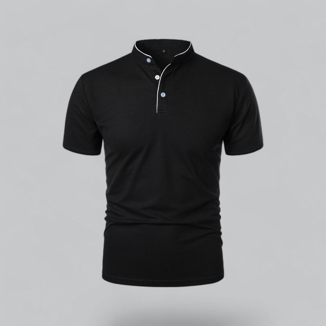 Men's Cotton Short-Sleeve Mandarin Collar Polo Shirt - Black