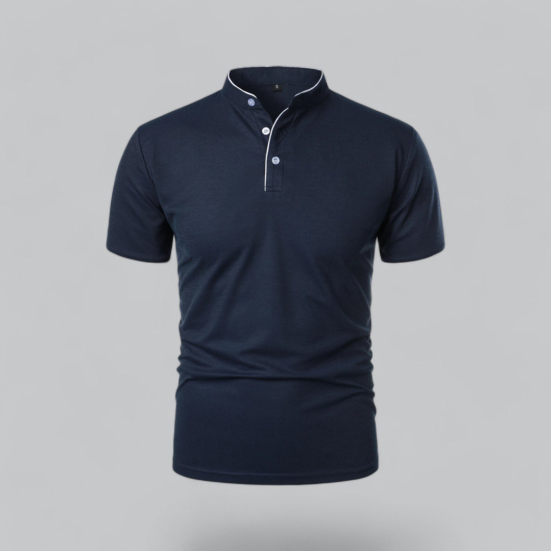 Men's Cotton Short-Sleeve Mandarin Collar Polo Shirt - Navy Blue