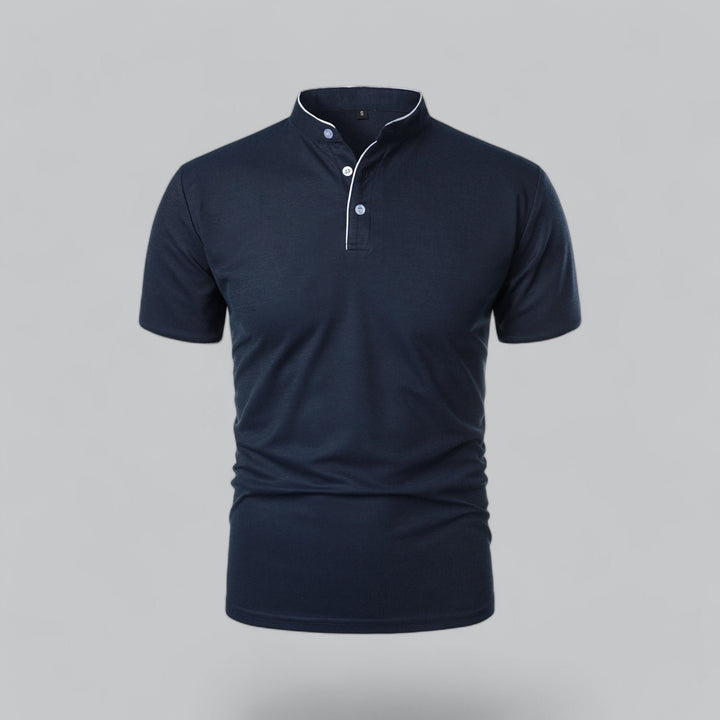 Men's Cotton Short-Sleeve Mandarin Collar Polo Shirt - Navy Blue
