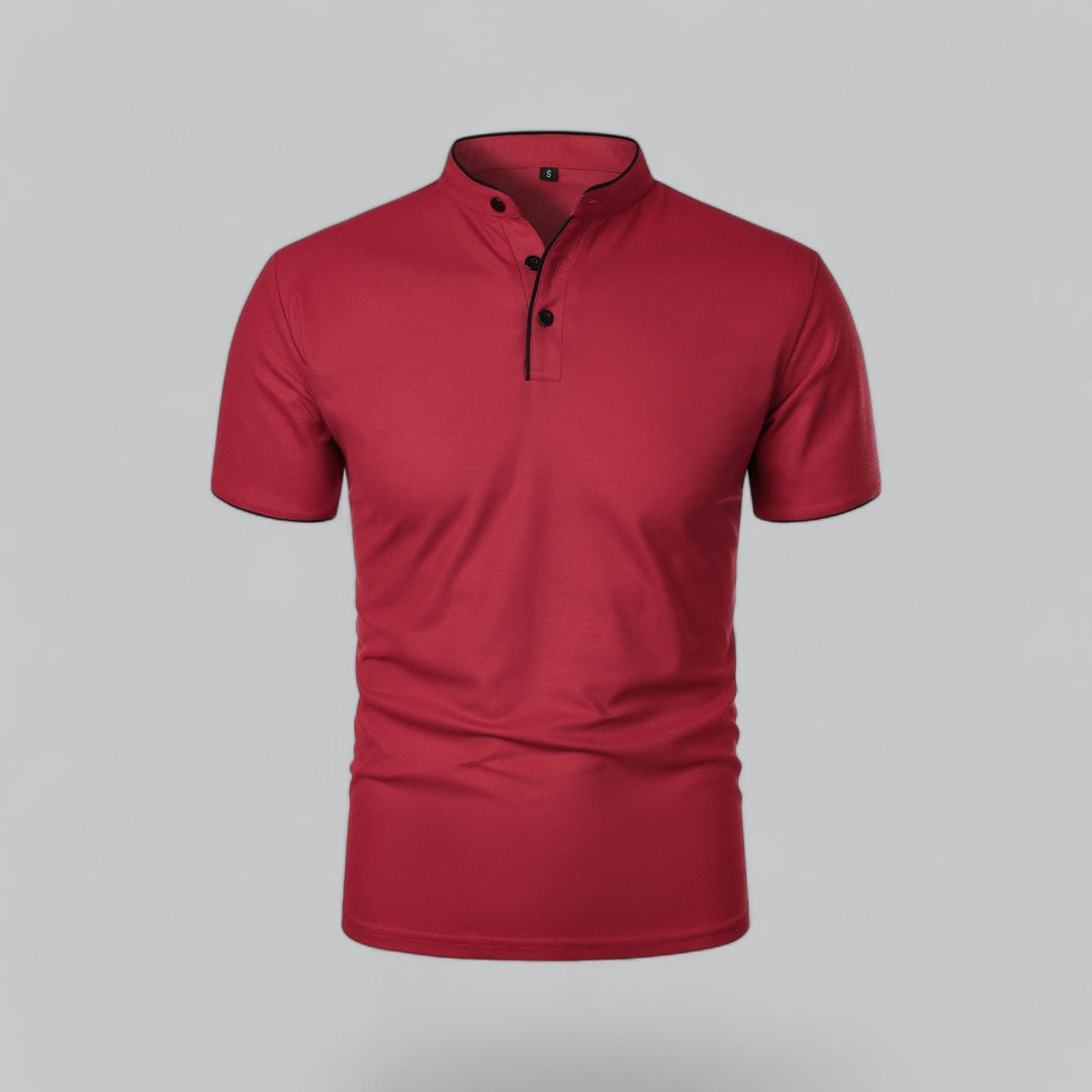 Men's Cotton Short-Sleeve Mandarin Collar Polo Shirt - Dark Red