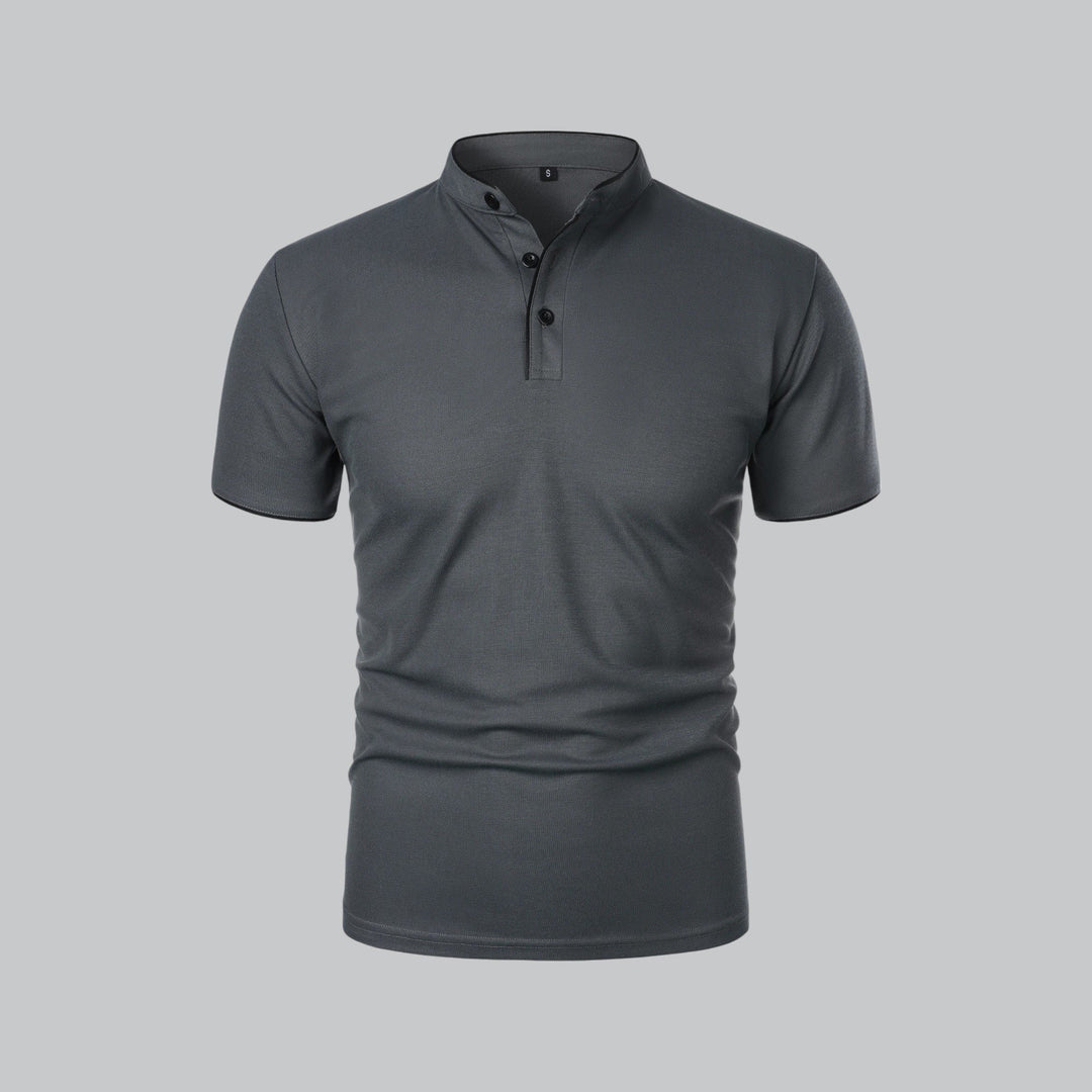 Men's Cotton Short-Sleeve Mandarin Collar Polo Shirt - Dark Grey