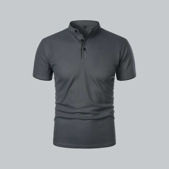 Men's Cotton Short-Sleeve Mandarin Collar Polo Shirt - Dark Grey