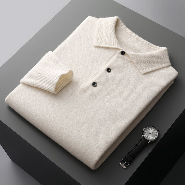 Men's Knit Cotton Long-Sleeve Three-Button Polo Sweater - White