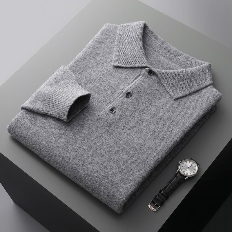 Men's Knit Cotton Long-Sleeve Three-Button Polo Sweater - Grey
