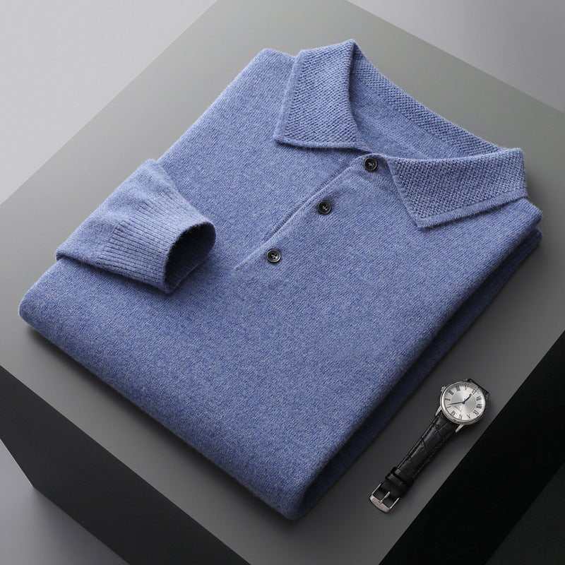 Men's Knit Cotton Long-Sleeve Three-Button Polo Sweater - Blue