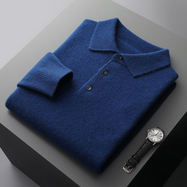 Men's Knit Cotton Long-Sleeve Three-Button Polo Sweater - Royal Blue