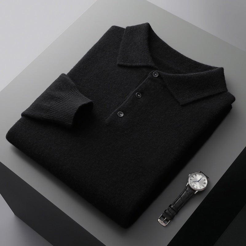 Men's Knit Cotton Long-Sleeve Three-Button Polo Sweater - Black