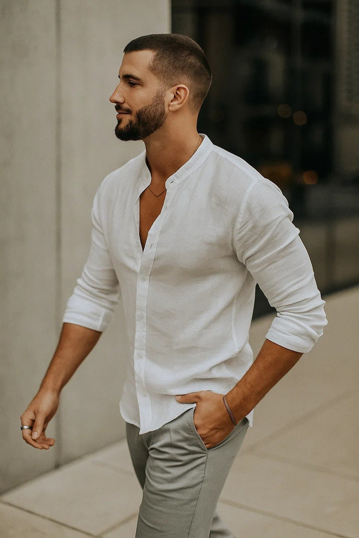 Men's Linen Band Collar Long Sleeve Casual Shirt