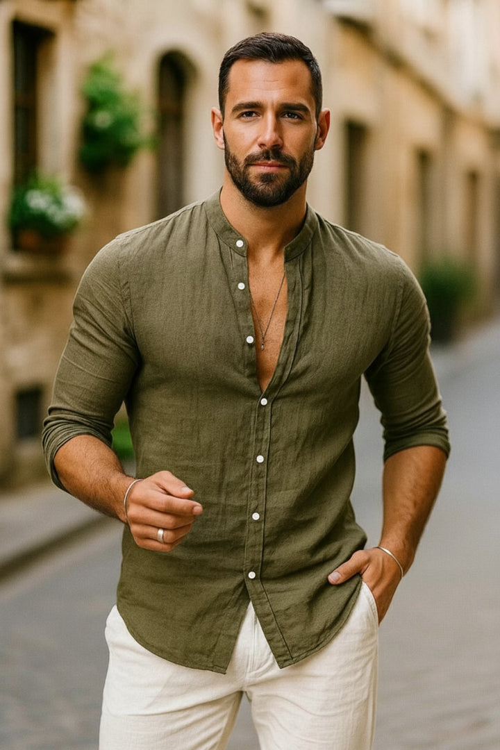 Men's Linen Band Collar Long Sleeve Casual Shirt - Army Green