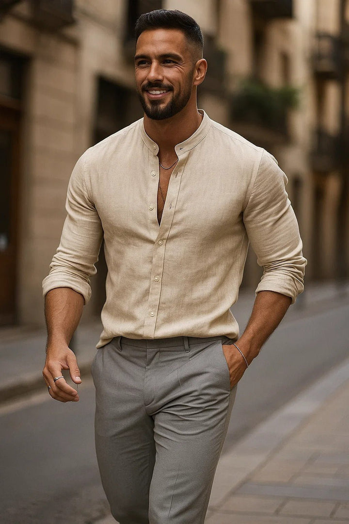 Men's Linen Band Collar Long Sleeve Casual Shirt - Beige