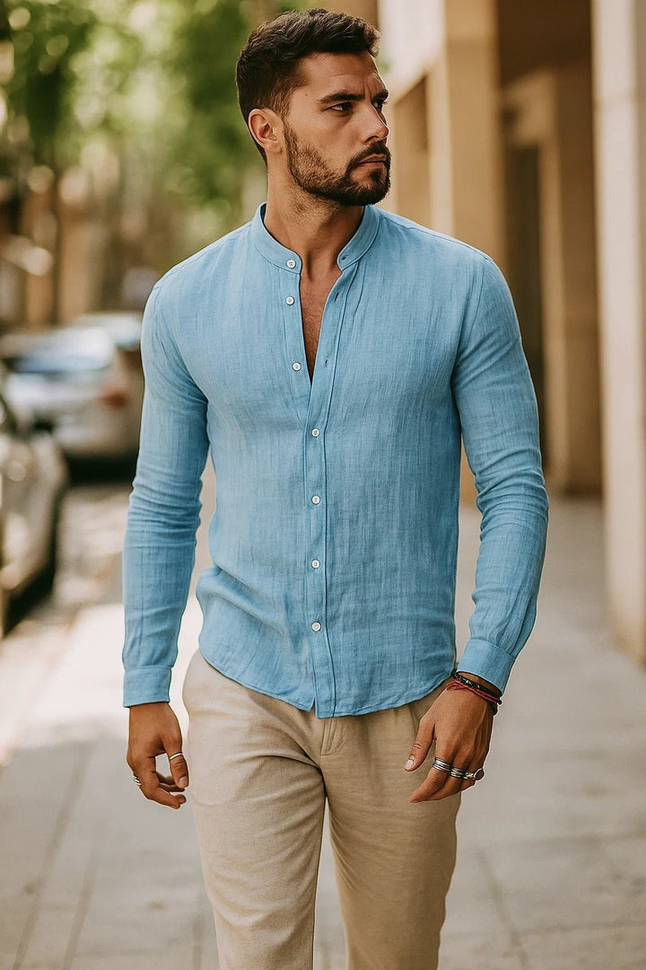 Men's Linen Band Collar Long Sleeve Casual Shirt - Light Blue