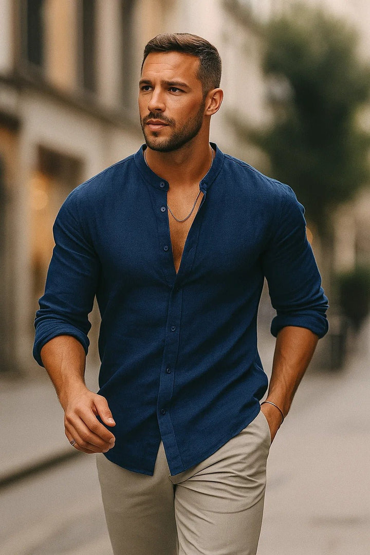 Men's Linen Band Collar Long Sleeve Casual Shirt - Blue