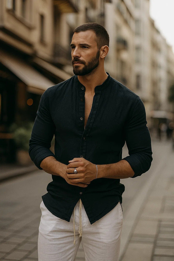 Men's Linen Band Collar Long Sleeve Casual Shirt - Black