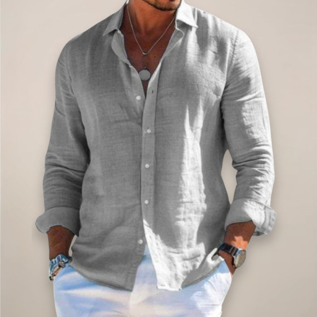 Men's Linen Long-Sleeve Button-Up Shirt - Grey