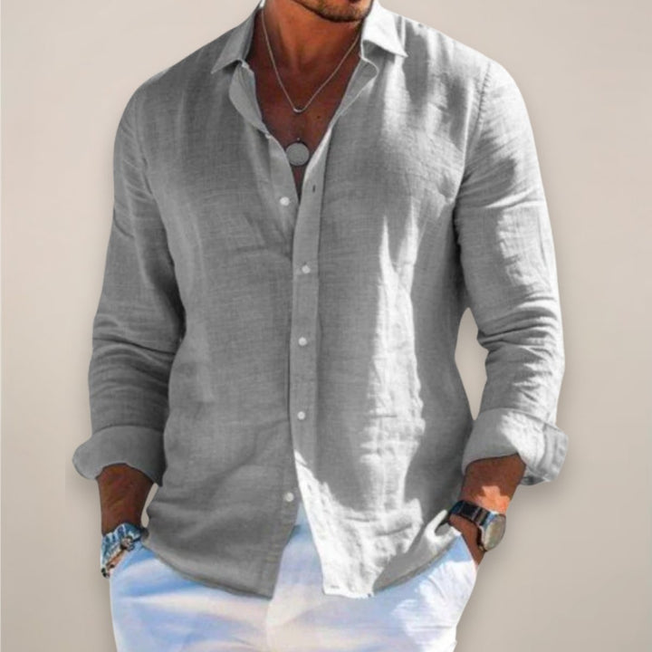 Men's Linen Long-Sleeve Button-Up Shirt - Grey