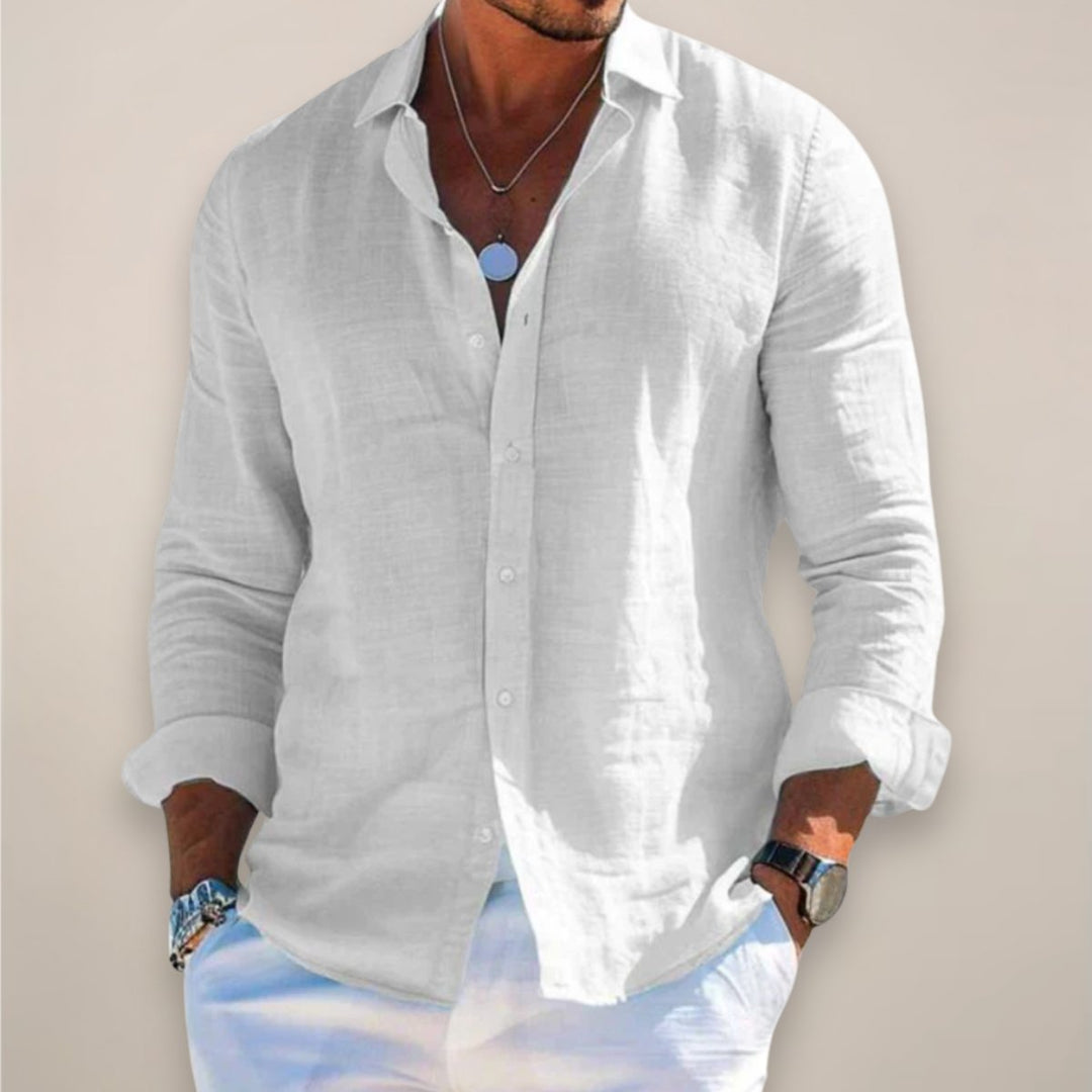 Men's Linen Long-Sleeve Button-Up Shirt - White