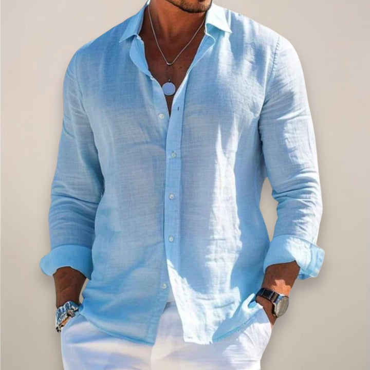 Men's Linen Long-Sleeve Button-Up Shirt - Blue