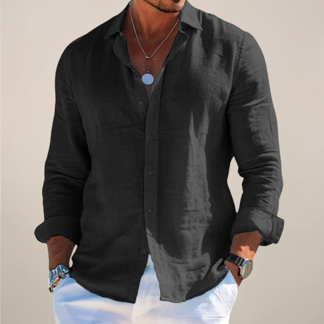 Men's Linen Long-Sleeve Button-Up Shirt - Black