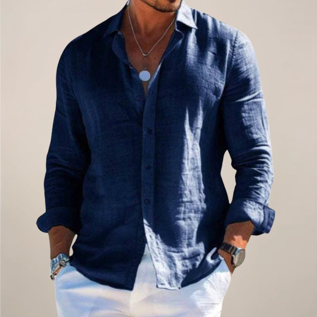 Men's Linen Long-Sleeve Button-Up Shirt - Navy Blue