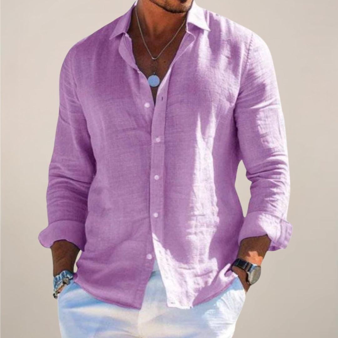 Men's Linen Long-Sleeve Button-Up Shirt - Purple