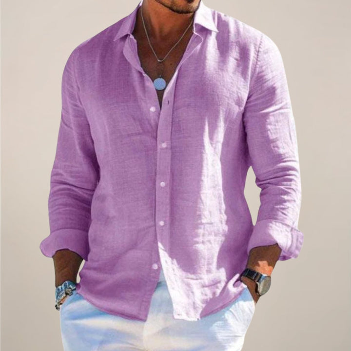 Men's Linen Long-Sleeve Button-Up Shirt - Purple