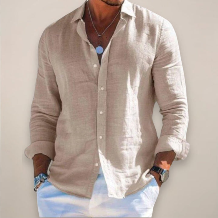 Men's Linen Long-Sleeve Button-Up Shirt - Khaki