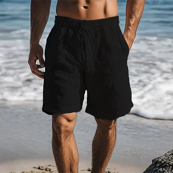 Men's Linen Quick-Dry Mid-Thigh Swim Shorts - Black