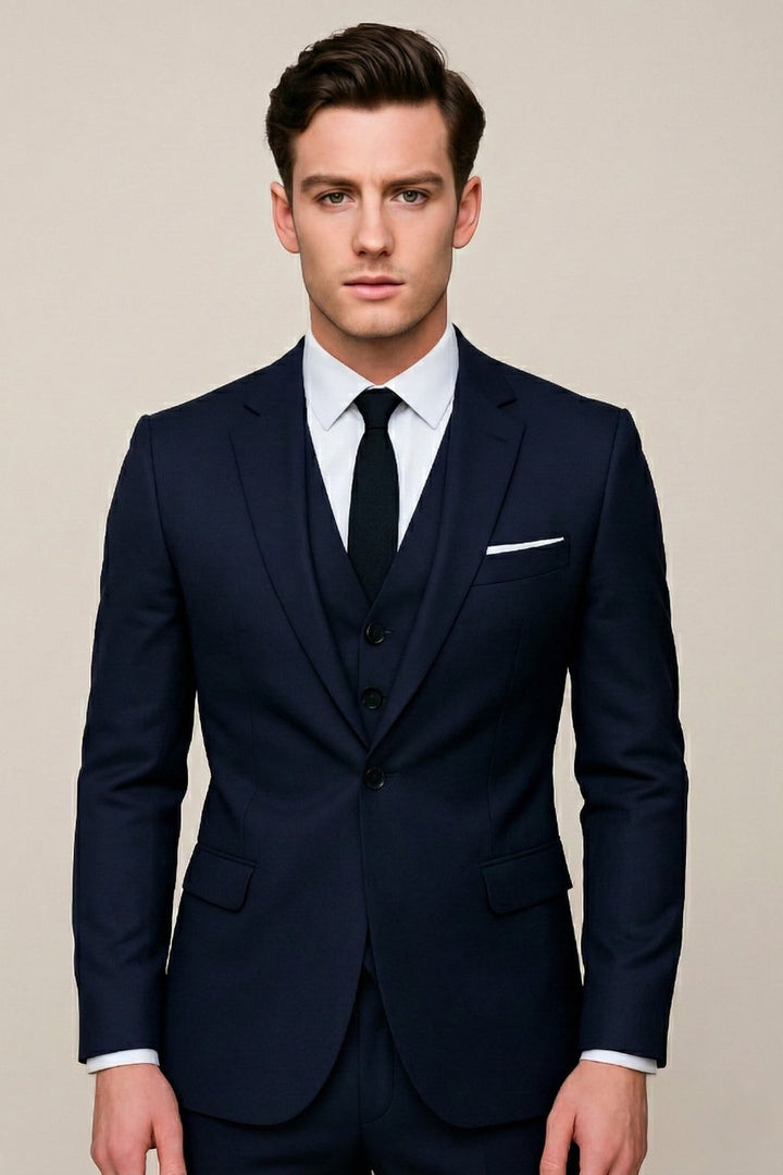 Men's Navy Three-Piece Slim-Fit Business Suit - Navy Blue