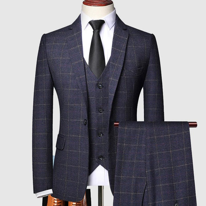 Men's Navy Windowpane Three-Piece Wool Suit - Navy Blue