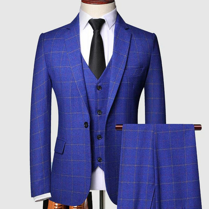 Men's Navy Windowpane Three-Piece Wool Suit - Blue