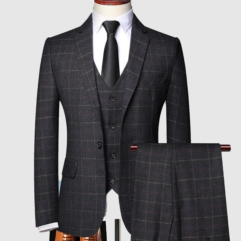 Men's Navy Windowpane Three-Piece Wool Suit - Black