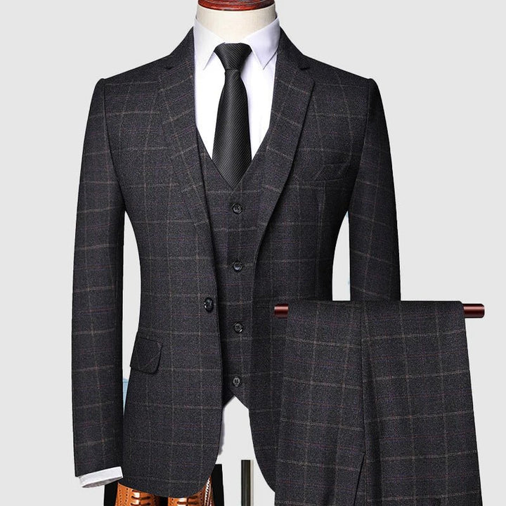 Men's Navy Windowpane Three-Piece Wool Suit - Black